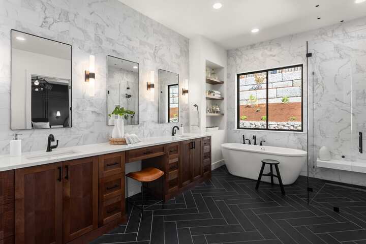 Beautiful bathroom in Glendale, California home shows black and white geometric bathroom tile
